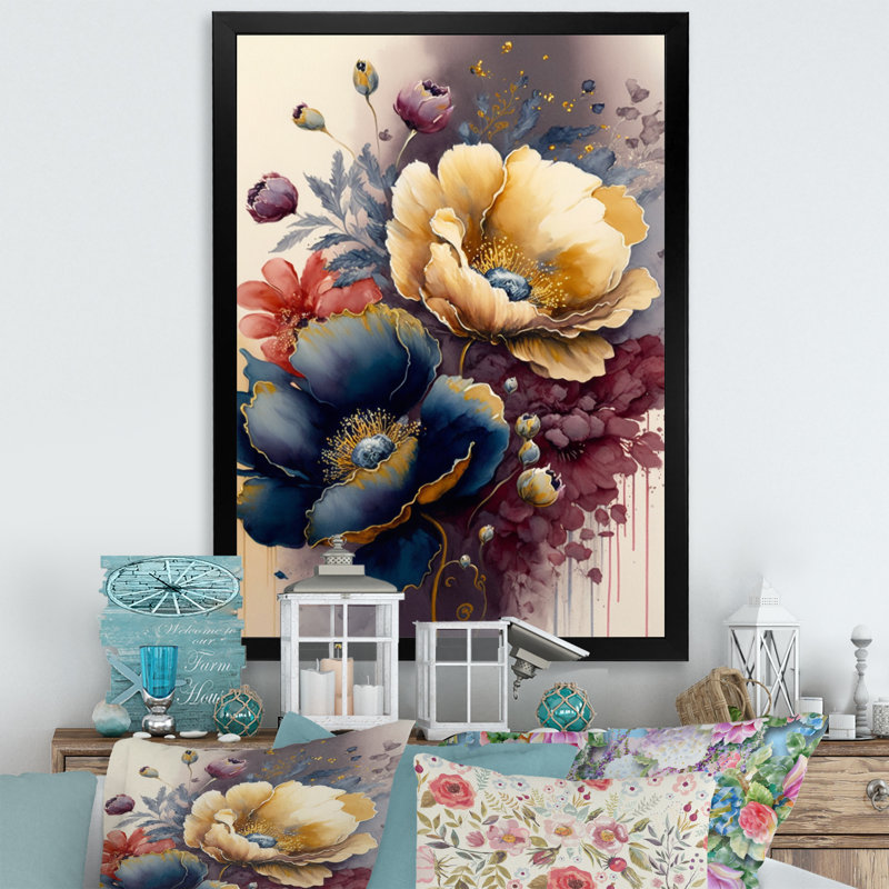 «Night Shade Poppy Floral Design I», reproduction sur toile, H 32 po x l 24 po x P 1 po, Impression noire sur toile encadrée