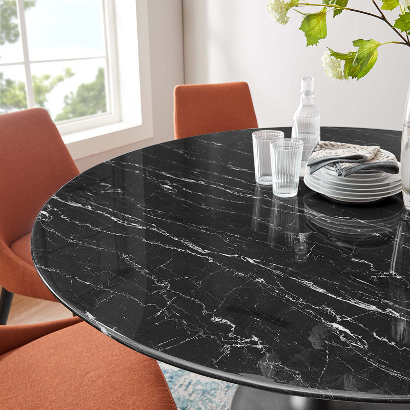  Table de salle à manger en marbre artificiel Lippa, Noir, Noir, 28,5 po H x 47 po L x 47 po P 