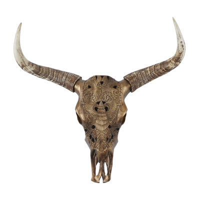 Polystone Carved Skull Cow Bronze Wall Decor