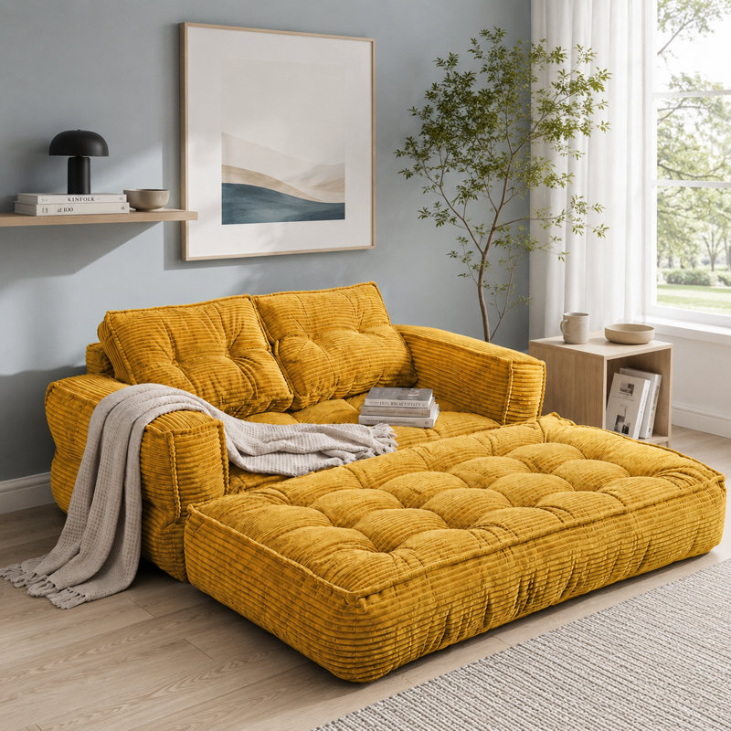 Canapé double modulable en velours côtelé avec méridienne convertible, coussins profonds et siège au sol flexible, Orange