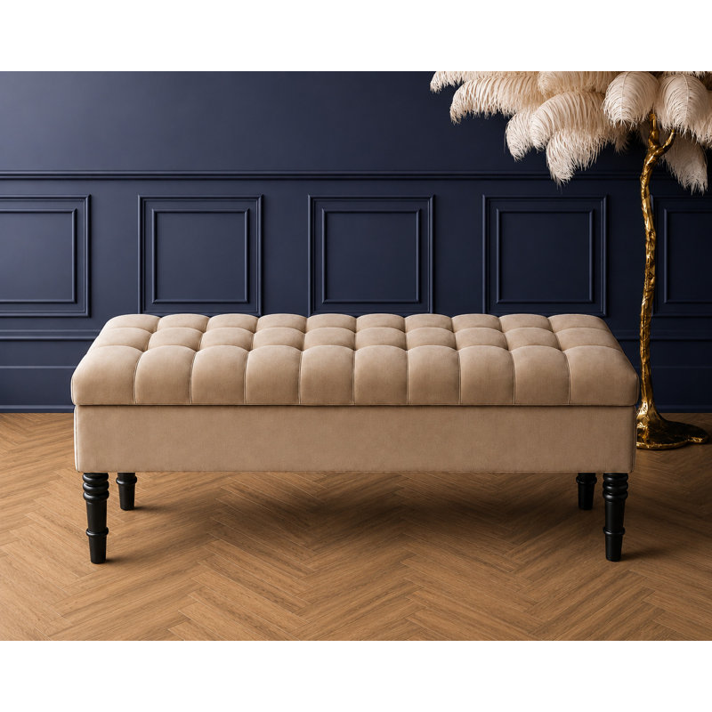 Cubed Tufted Rectangle Ottoman Storage Bench, Upholstered Plush Velvet Shoe Bench with Black Turned Wooden Legs, Mink Plush 