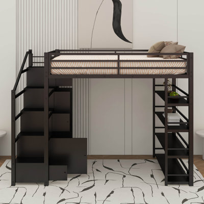 Lit mezzanine double en métal avec tablettes et garde-robe