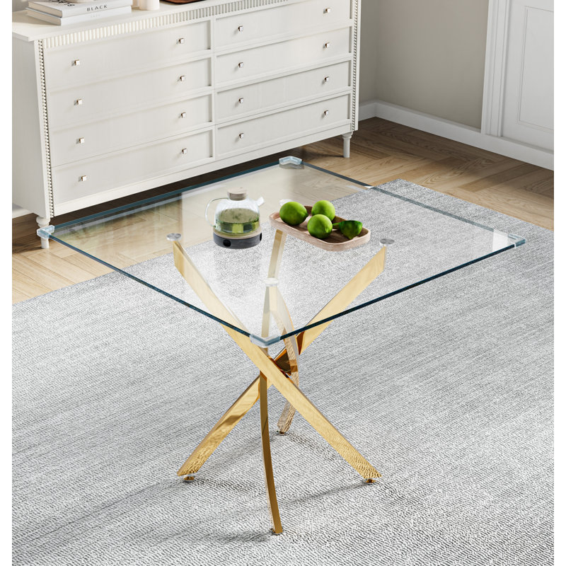 Square Dining Tempered Glass Dining Table With Stainless Steel Legs, Gold