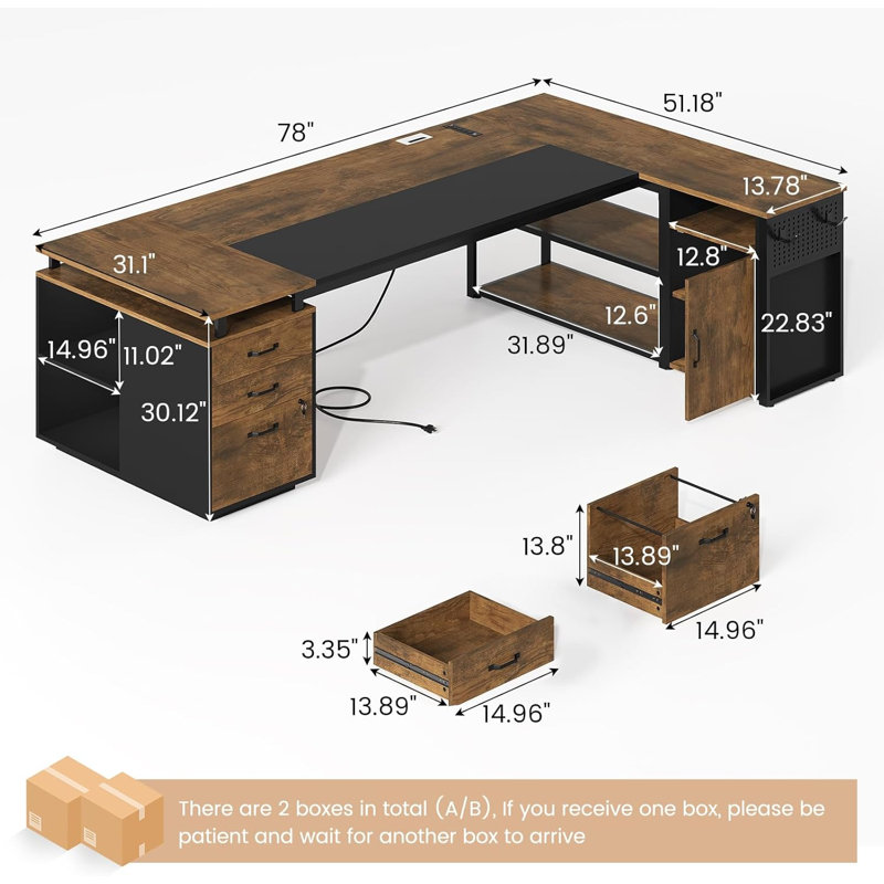 Bureau de direction 78 po avec classeur verrouillable, bureau en L avec prises de courant, écran d'intimité, brun rustique