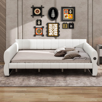King Size Upholstered Daybed Frame With USB, Soft Lambswool Platform Bed
