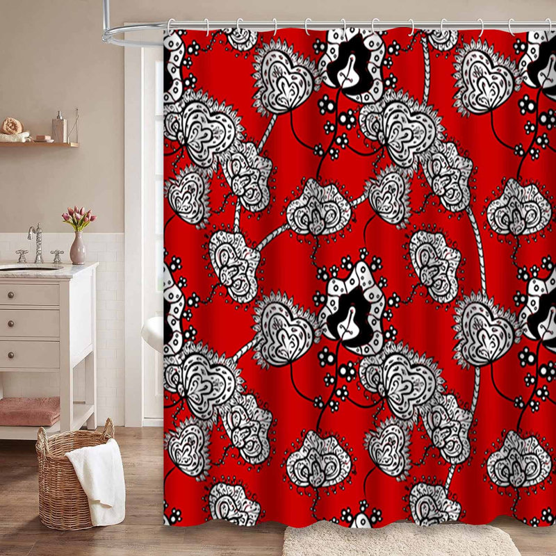 Rideau de douche abstrait à motif floral rouge et noir avec 12 crochets, L 72 po x l 78 po