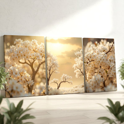 3 Pieces Captivating Large Wall Art of Blossoming Trees in Gentle Light with White, Three Pieces Wall Art for Living Room, Bedroom, and Office Decor