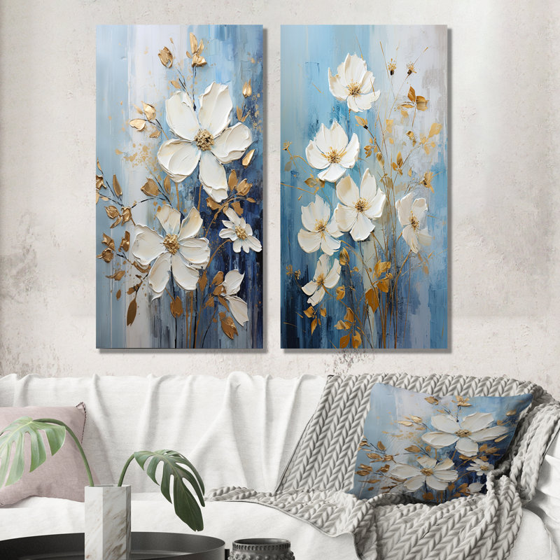 Ensemble de 2 reproductions d'art murales beiges et dorées Seasonal Serenity Blooms, H 32 po x l 32 po