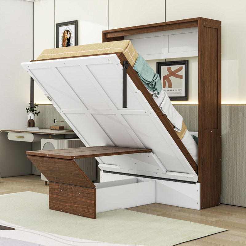 Lit escamotable double avec bureau et tête de lit pliables, Noyer blanc