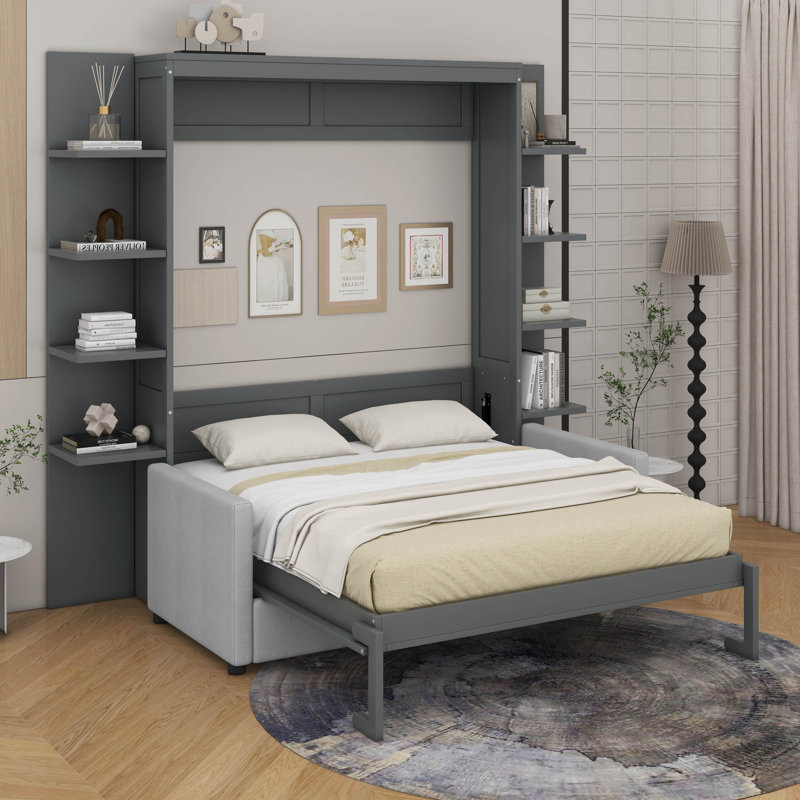 Grand lit escamotable avec canapé, gris