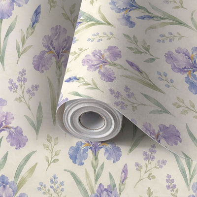 Peel and Stick PVC Wallpaper, Removable Self-Adhesive Wall Covering With Soft Lavender Iris Watercolor Green Stems Leaves Print, Waterproof for Home Decor - Roll