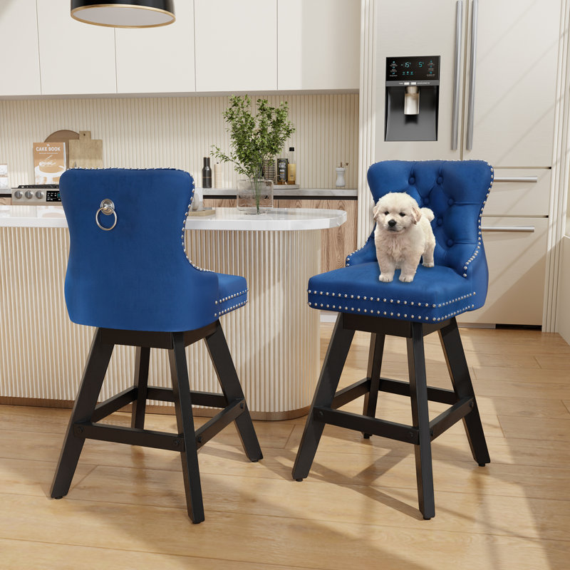 Velvet Swivel Tufted Wooden Barstools Set of 2, Blue