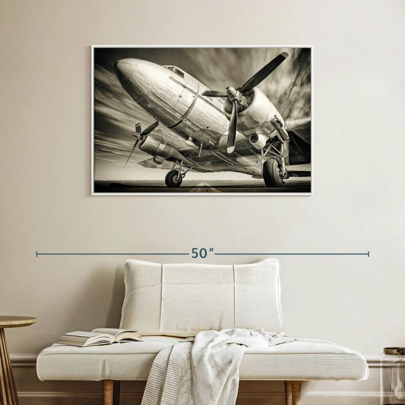 Avion rétro monochrome, Cadre flottant blanc, 40 po x 27 po