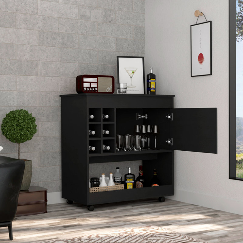Chariot-bar moderne, six casiers à bouteilles, une armoire, quatre roulettes, noir, Noir