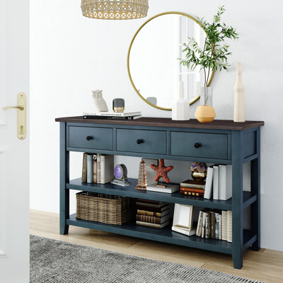Console rétro avec deux tablettes ouvertes, structure et pieds en bois de pin massif