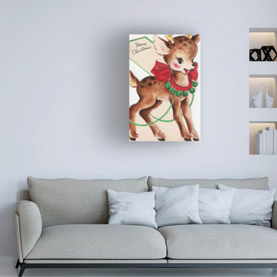 Wrapped Canvas Wall Art - Vintage Apple Collection 'Vintage Xmas Card Deer' Wall Art for Living Room, Bedroom, or Office Décor - 16x24