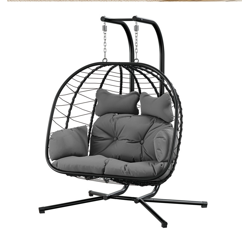 Double Wicker Swing Egg Chair Hammock Foldable Hanging Loveseat with Stand, Gray