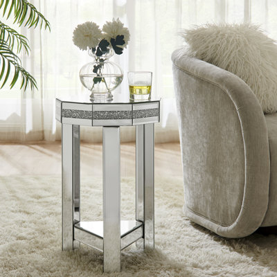 Table de bout à miroir en octogone avec cristaux, 2 pour le salon, la chambre à coucher, le café, l 13,8 po x P 13,8 po x H 21 po, style américain brillant, incrustation de cristaux de remplissage en acrylique, design, surface facile à nettoyer
