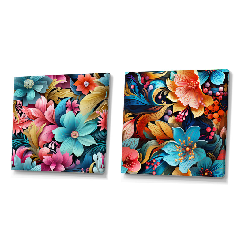 Hibiscus éclectique Fusion Frenzy - Ensemble de 2 collages floraux carrés, Toile tendue, H 30 po x l 61 po