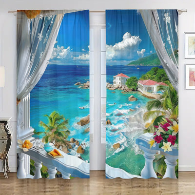 2Pcs Tropical Paradise Beach Curtain, Seaside Ocean View Coastal Landscape, Rod Pocket Design, Digital Printed , Light Filtering, Realistic Scene for Bedroom Living Room Kitchen Dining Home Decor
