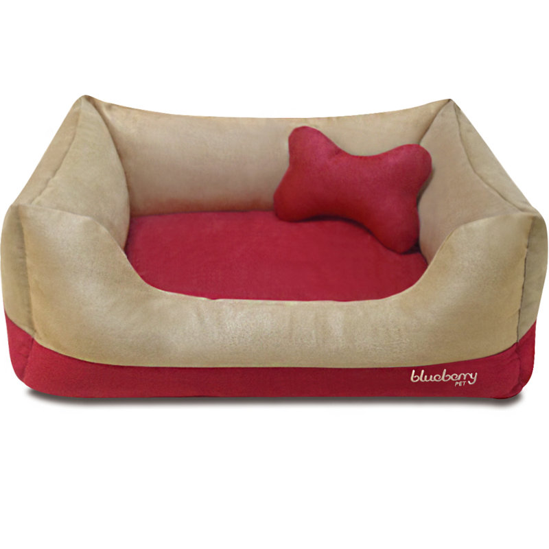 Small Tango Red and Champagne Beige Microsuede Chew Resistant Dog Bed
