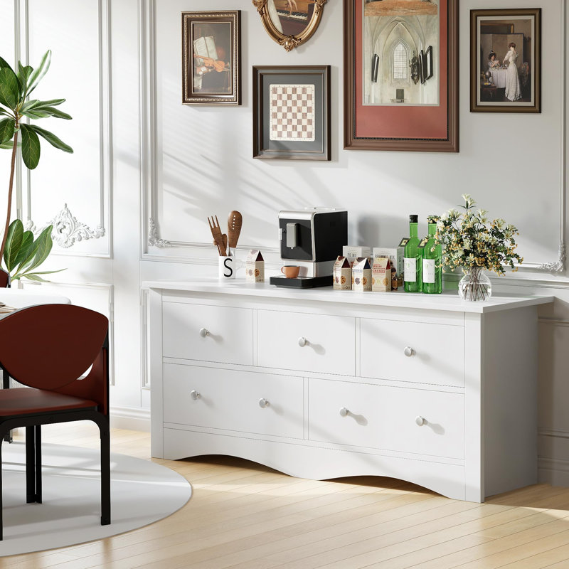 Modern 5-drawer Double Dresser, 52" W, White