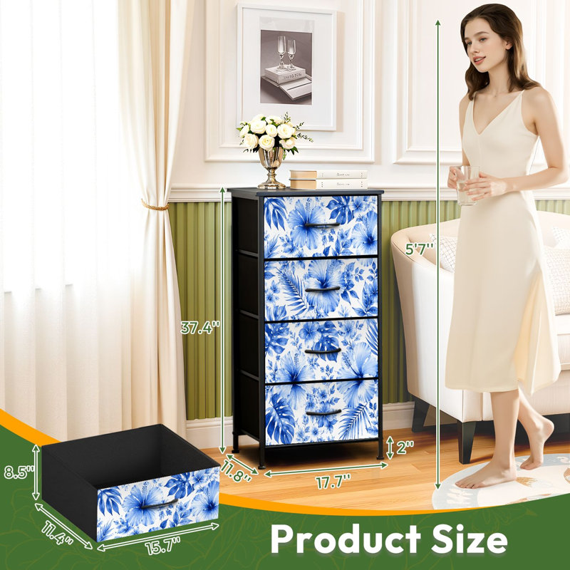 Commode de rangement verticale 4 tiroirs fleur bleue transparente avec tiroirs en bois