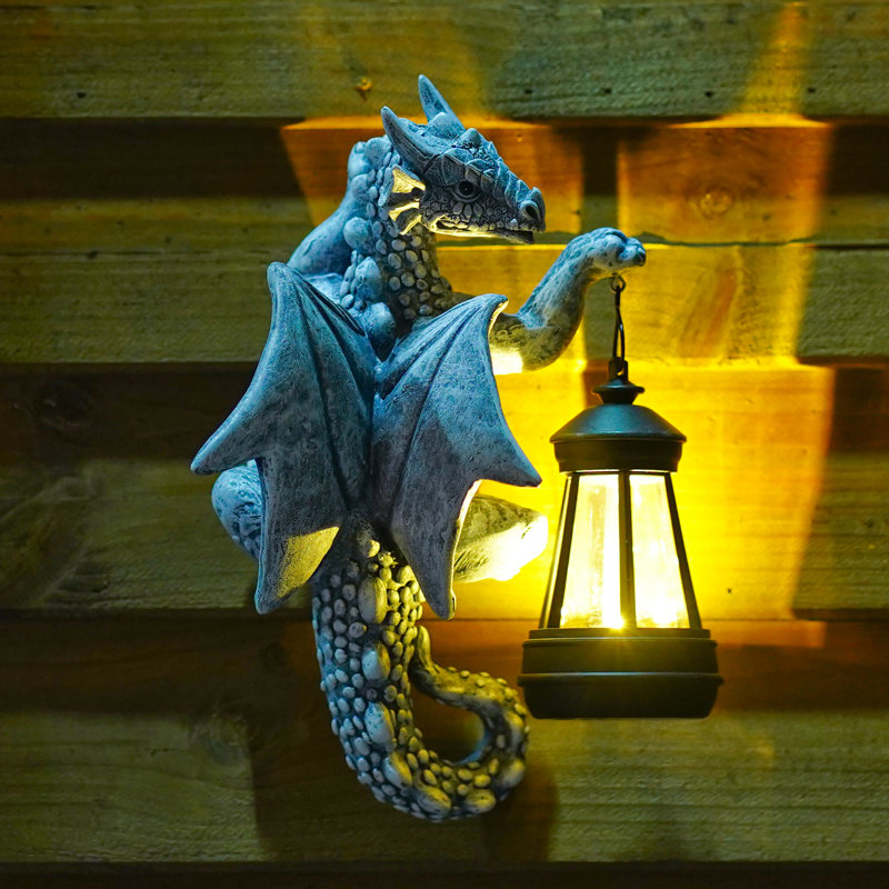 Statue de jardin dragon avec lanterne solaire - 9,3 pouces de résine Dragon