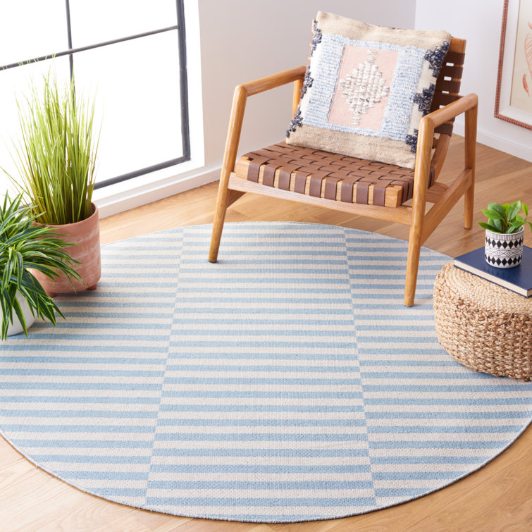 Ilona Striped Hand-Woven Flatweave Cotton Area Rug in Ivory/Light Blue