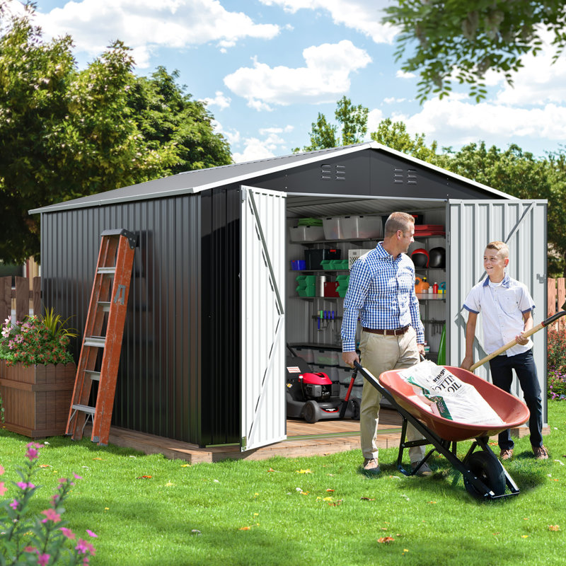 Remise de rangement extérieure en métal avec structure de cadre et portes verrouillables, H 80,3 po x l 119,3 po x P 96,9 po