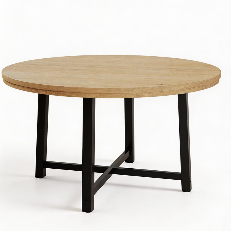 Industrial Farmhouse Round Dining Table for 4-6 – 47 Inch – Sturdy Metal Frame – Space-Saving – for Kitchen or Dining Room-Natural wood color