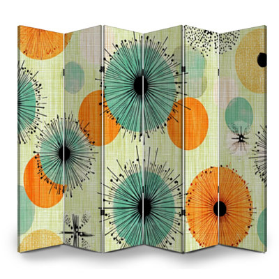 Cloison pliante à 6 panneaux avec paravent Royal Mid-Century rétro des années 1950, rétro, circulaire, fleur, toile, écran, séparateur de pièce, cloison de protection autoportante, cloison d'intimité