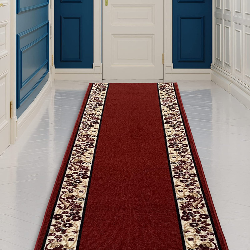 Alqi Custom Size Runner Rug Choose Your Length Flower Bordered Design Red Color, Runner 2'2" x 18'