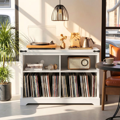 Support pour tourne-disque 29,8 "de style maison de campagne, armoire de rangement pour disques vinyle avec séparateurs en métal