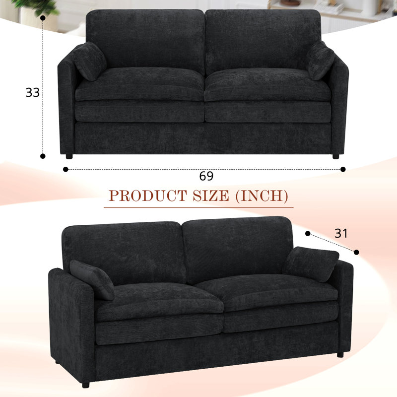Canapé moelleux moderne 69 po avec coussin rembourré, canapé en chenille avec 2 coussins bien rembourrés, canapé 2 places pour le salon, la chambre à coucher