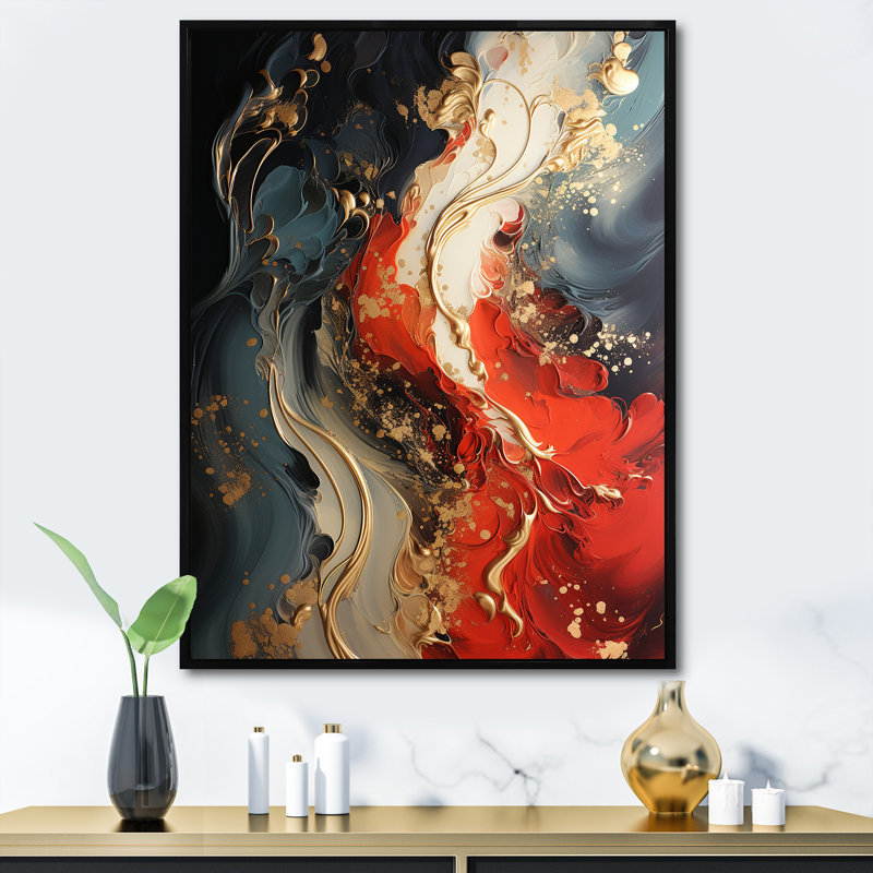 Rouge et or feu de marbre IV - art mural abstrait, Cadre flottant noir, 44" H x 34" W