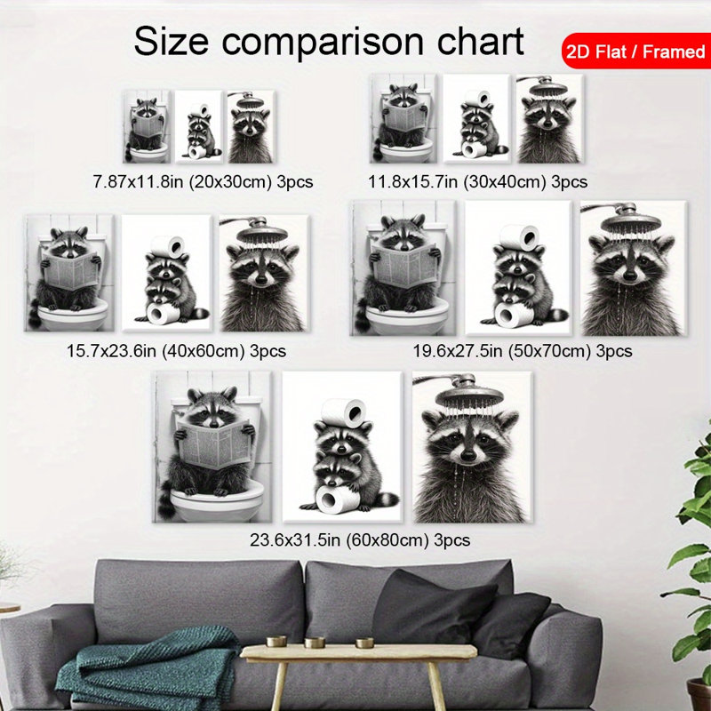 «Raccoon Bathroom», reproduction sur toile 3 pièces pour une décoration ludique de la salle de bain, 16*12 inch 3pcs