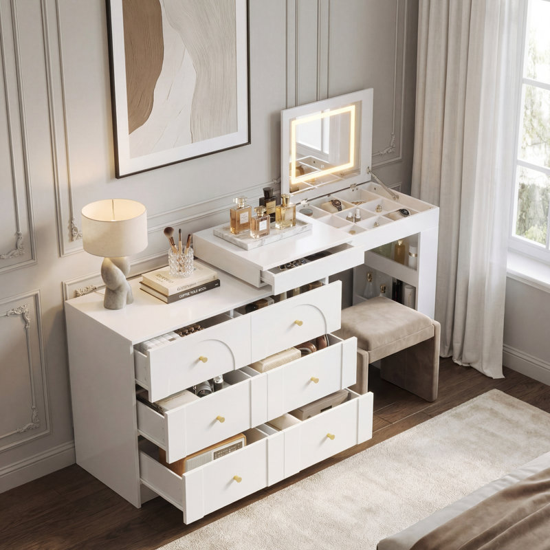 Bureau de coiffeuse blanc avec miroir, lumières DEL, 7 tiroirs, 9 compartiments et 3 tablettes, table de maquillage réglable pour la chambre à coucher