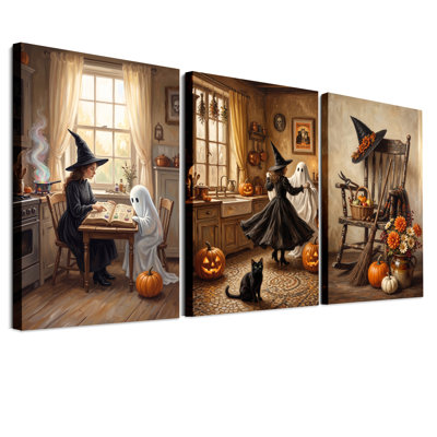 «Witch and Ghost In Rustic Kitchen», ensemble de 3 toiles murales d'Halloween