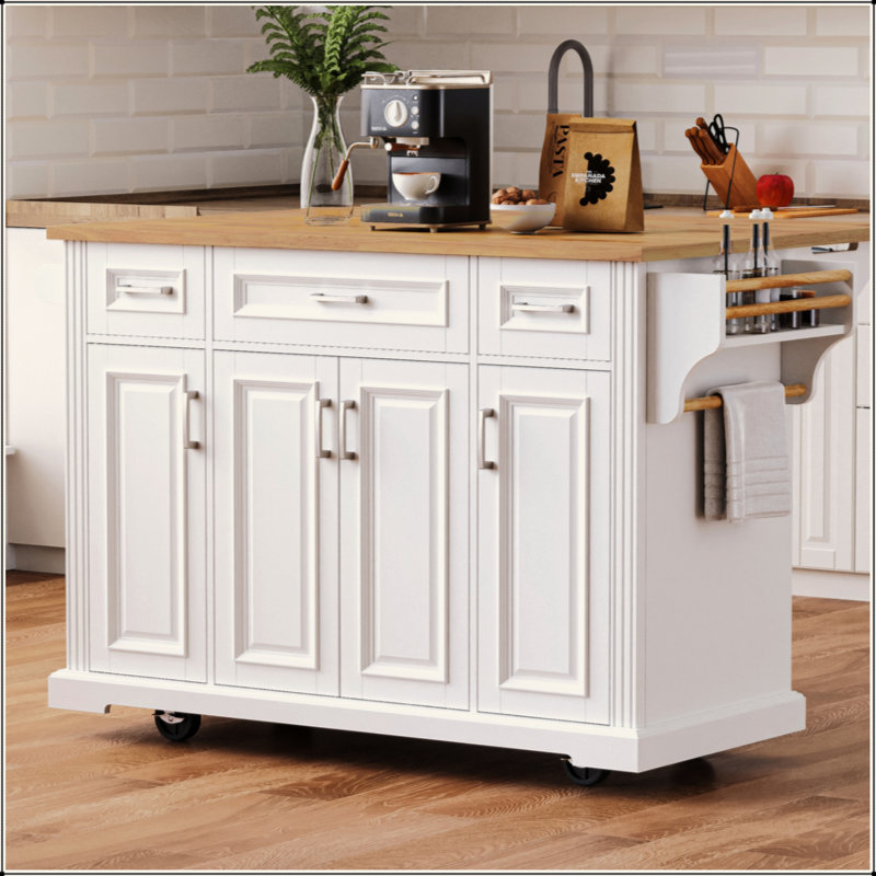 54Inch Large Kitchen Island With Rubber Wood Drop Leaf, Embossed Texture Rolling Kitchen Cart On 4 Wheels With 4 Doors And 3 Drawers, Kitchen Island With Storage For Kitchen, Dining Room
