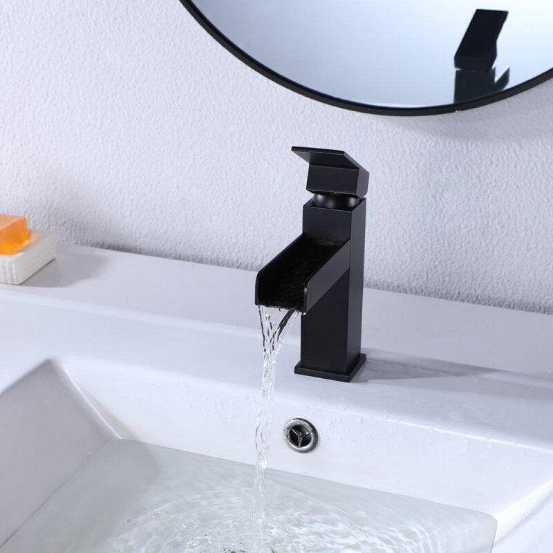 7.08" Waterfall Bathroom Sink Faucet, Brass Vanity Single Handle One Hole Basin Modern with 6" Deck Plate