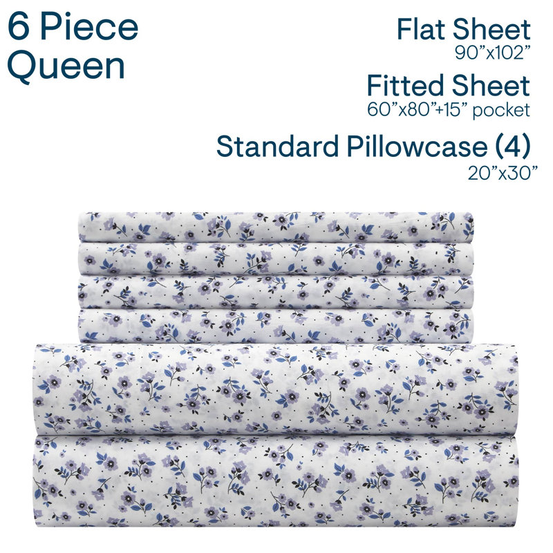 Ensemble de draps en microfibre toutes saisons de qualité supérieure 6 pièces Aeropostale, 4 taies d'oreiller, 1 drap-housse, 1 drap plat, pour matelas jusqu'à 16 po de profondeur, grand lit, mauve bleu floral