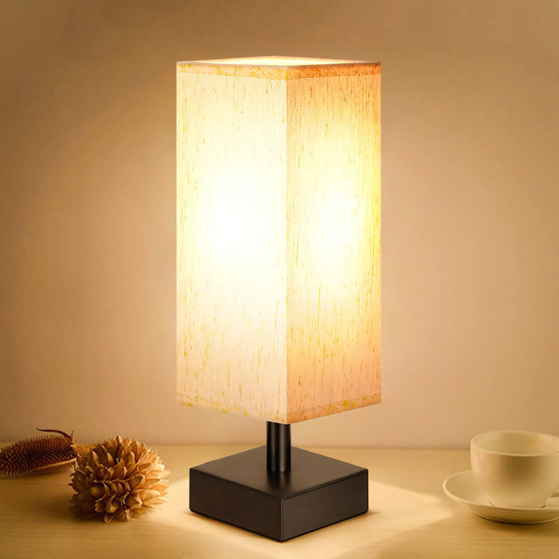Small Table Lamp - Bedside Lamp for Bedroom, Minimalist Nightstand Lamp with Square Fabric Shade, Desk Lamp for Kids Room Dorm