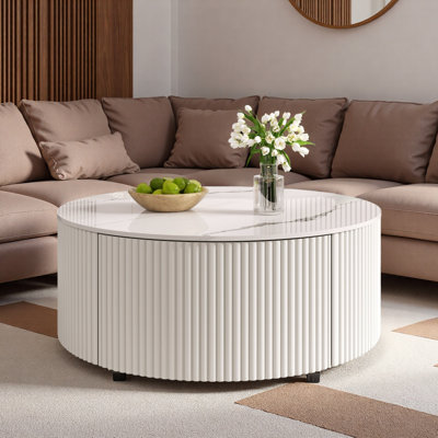 Table basse moderne et mobile avec roulettes, 2 tiroirs et plateau en marbre fritté