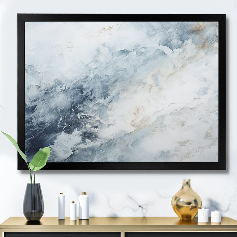 «Blue and White Snow Blooming II - Abstract Shapes», art mural, H 30 po x l 40 po x P 1,5 po, Cadre simple noir