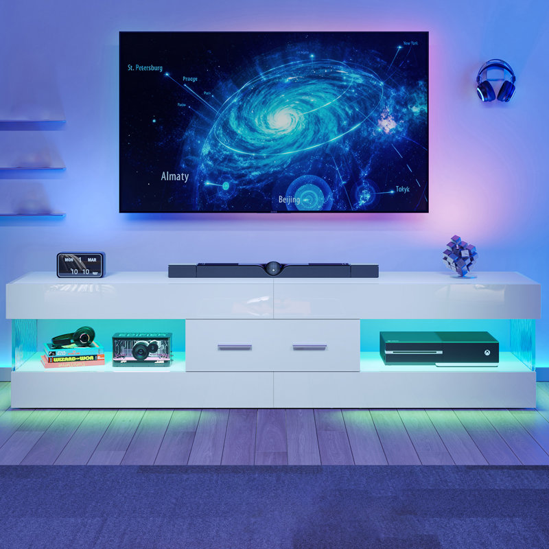 Modern Tv Stand For Tvs Up To 70" With Led And Drawer, White, 40cm H x 170.2cm W x 35cm D