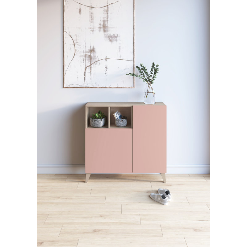 12 Pair Shoe Storage Cabinet, Light Oak/Pink