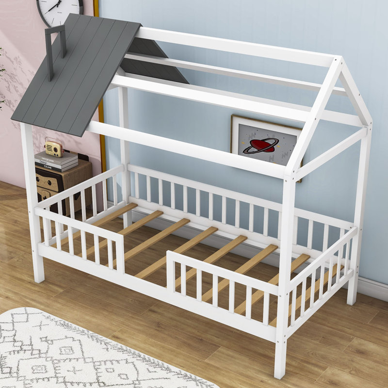 Calio Twin Size Wooden House Daybed with Roof and Fence, White/Gray