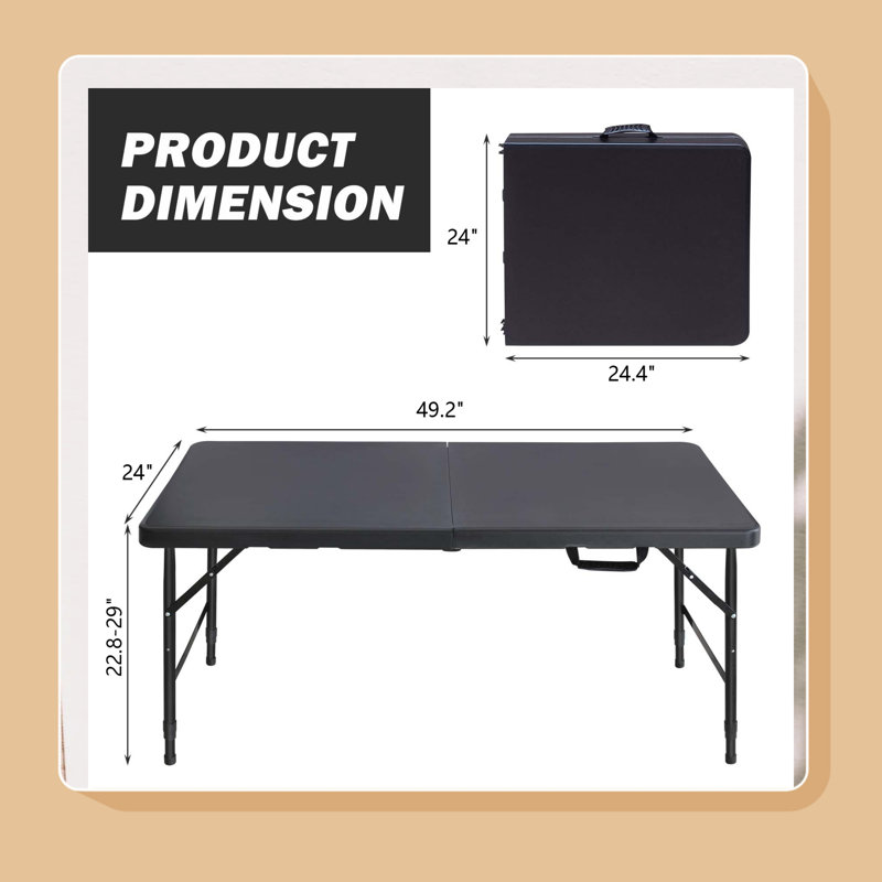 Portable Folding Table 4ft for Camping, Indoor & Outdoor Use - Holds 135KG, Black