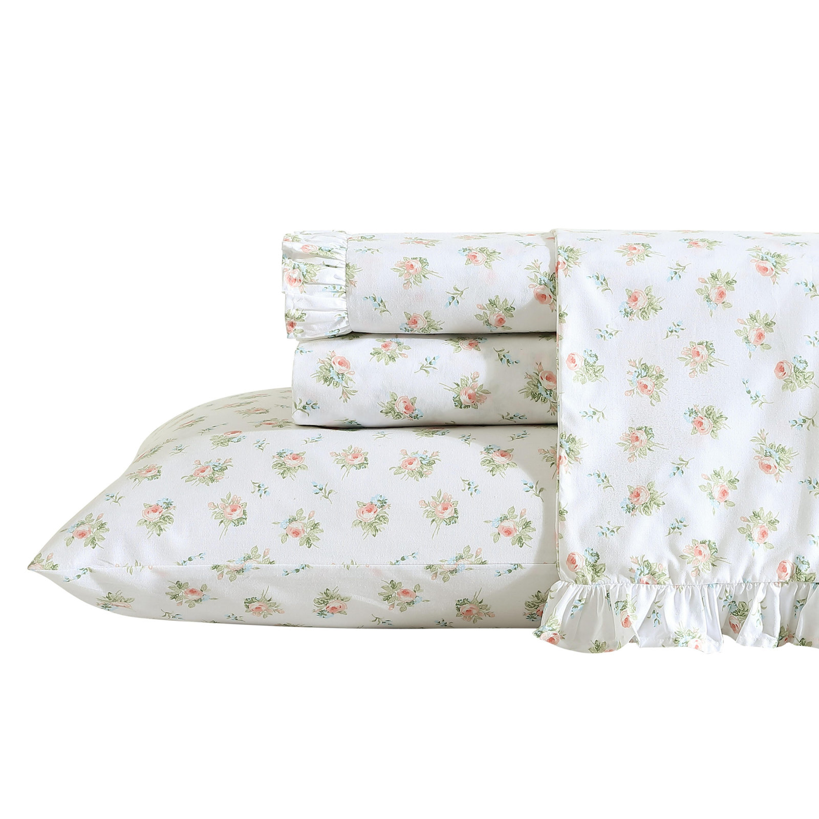 Laura Ashley Floral Ruffled Hem Deep Pocket Cotton Percale Sheet Set, Queen Sheet Set + 1 Fitted Sheet + 2 Pillowcases